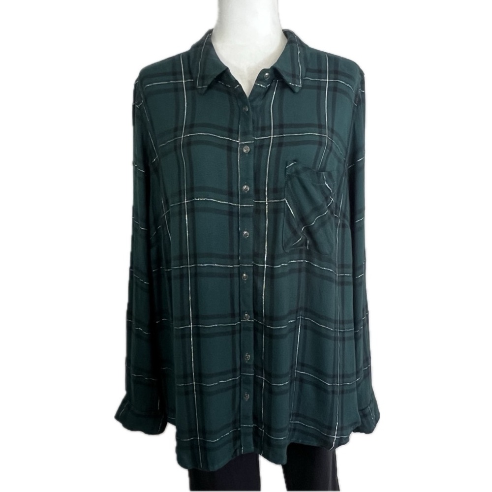NEW Maurices Plaid Button Up Shirt Button Back Dark Green Silver 2 - Picture 3 of 17